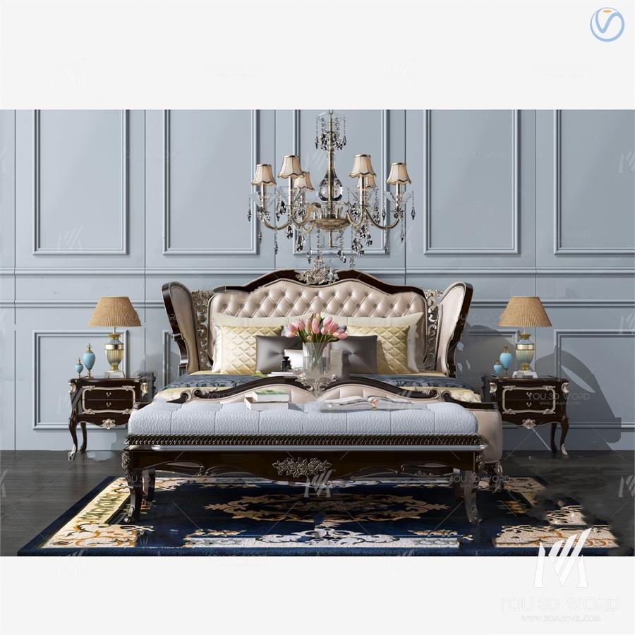 European style fabric double bed 3d model